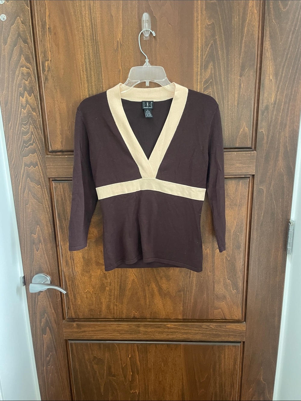 INC International Concepts Brown V-Neck Sweater with Cream Banding